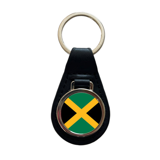 Jamaica Country Flag Black Leather Metal Keychain