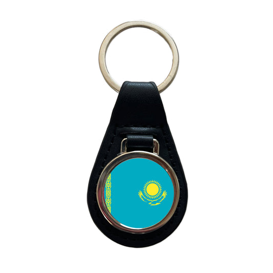 Kazakhstan Country Flag Black Leather Metal Keychain