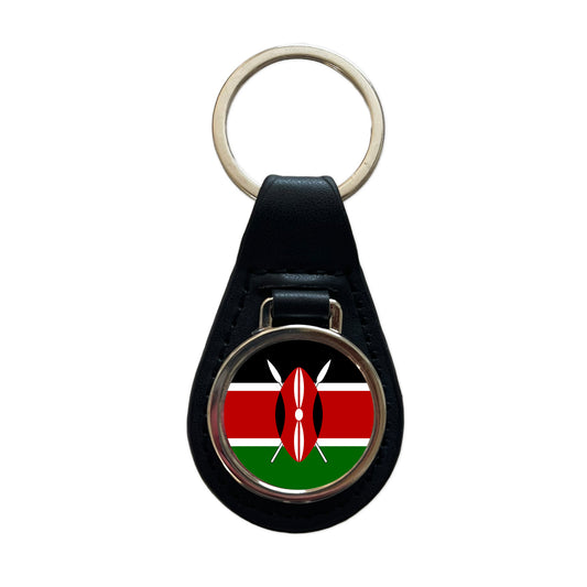 Kenya Country Flag Black Leather Metal Keychain