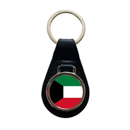 Kuwait Country Flag Black Leather Metal Keychain