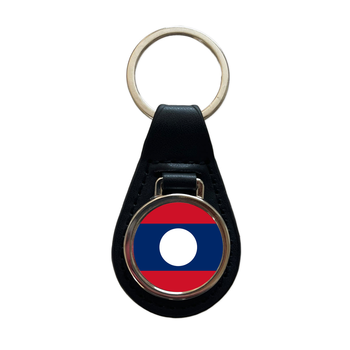 Lao People's Democratic Republic Country Flag Black Leather Metal Keychain