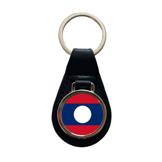 Lao People's Democratic Republic Country Flag Black Leather Metal Keychain