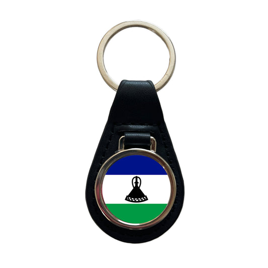 Lesotho Country Flag Black Leather Metal Keychain