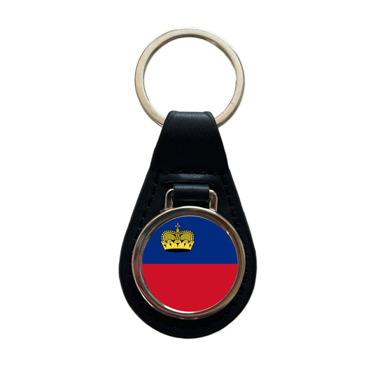 Liechtenstein Country Flag Black Leather Metal Keychain