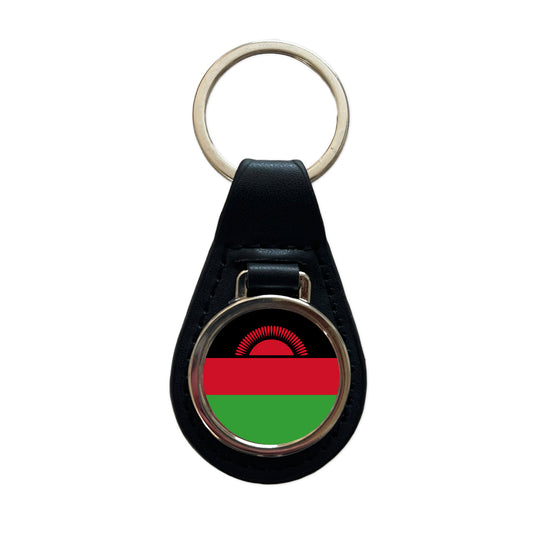 Malawi Country Flag Black Leather Metal Keychain