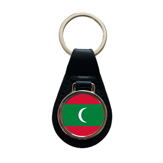 Maldives Country Flag Black Leather Metal Keychain