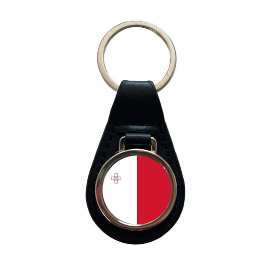 Malta Country Flag Black Leather Metal Keychain