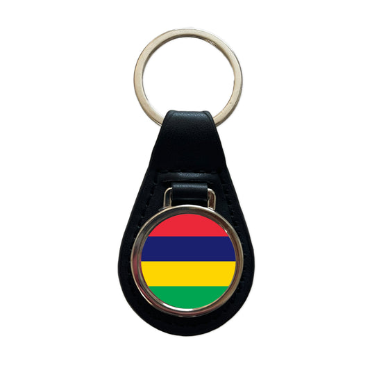 Mauritius Country Flag Black Leather Metal Keychain
