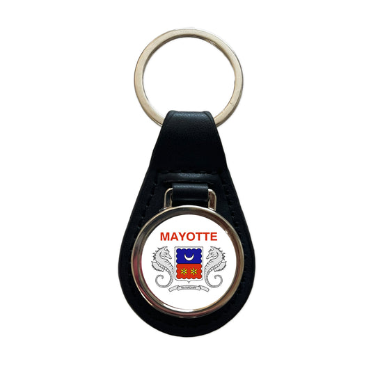 Mayotte Country Flag Black Leather Metal Keychain