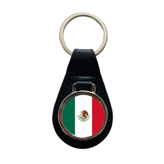 Mexico Country Flag Black Leather Metal Keychain