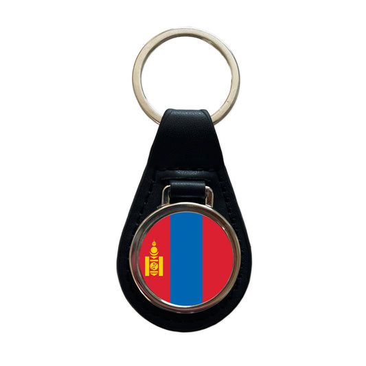 Mongolia Country Flag Black Leather Metal Keychain
