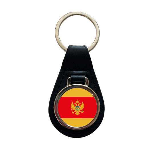 Montenegro Country Flag Black Leather Metal Keychain