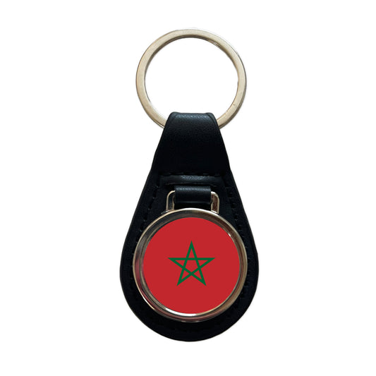 Morocco Country Flag Black Leather Metal Keychain