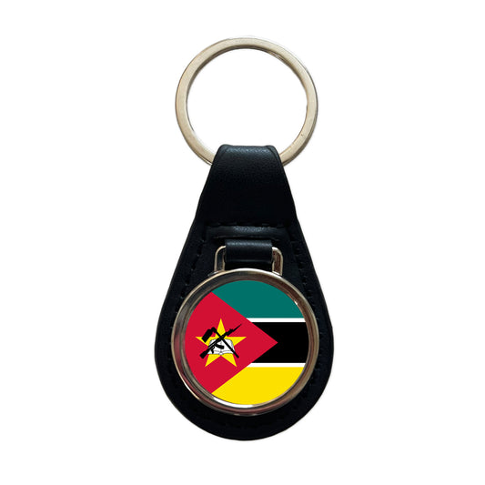 Mozambique Country Flag Black Leather Metal Keychain