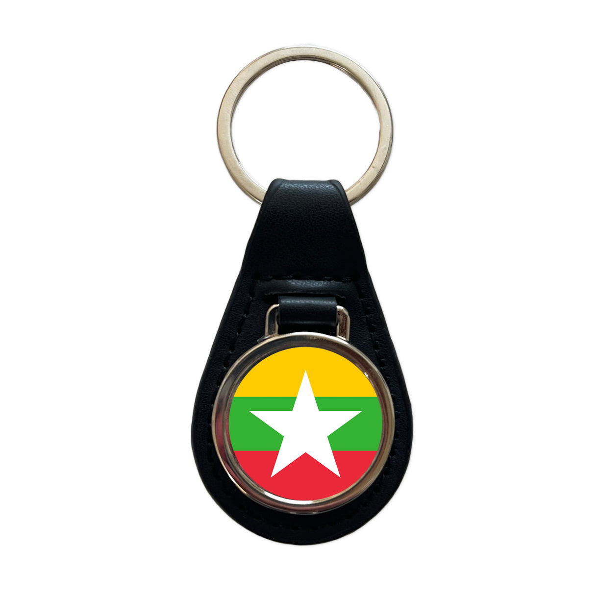 Myanmar Country Flag Black Leather Metal Keychain
