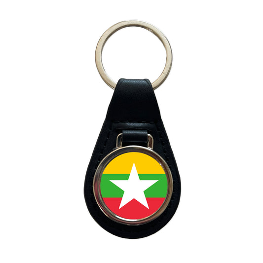Myanmar Country Flag Black Leather Metal Keychain