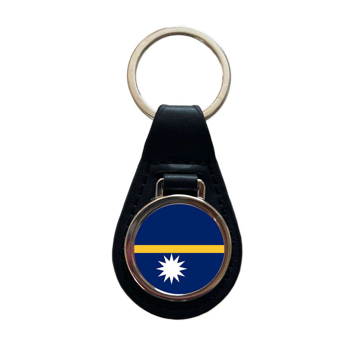 Nauru Country Flag Black Leather Metal Keychain