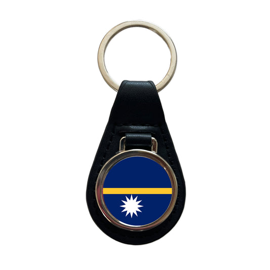 Nauru Country Flag Black Leather Metal Keychain