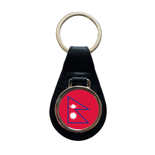 Nepal Country Flag Black Leather Metal Keychain