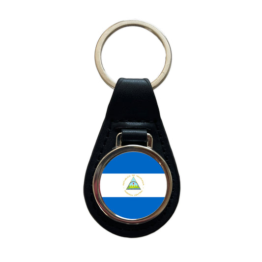 Nicaragua Country Flag Black Leather Metal Keychain