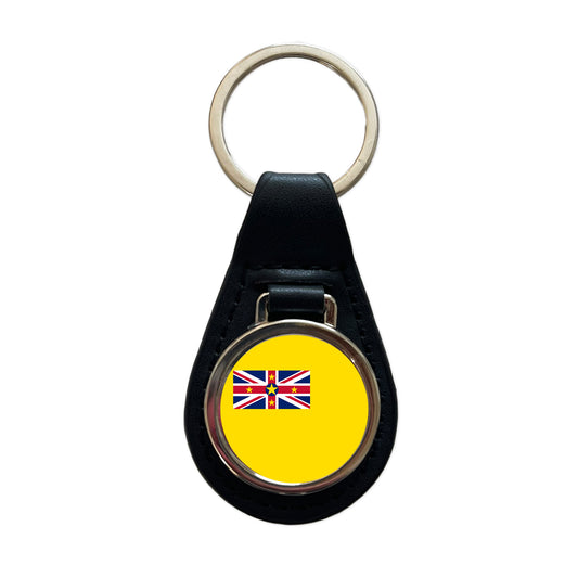 Niue Country Flag Black Leather Metal Keychain