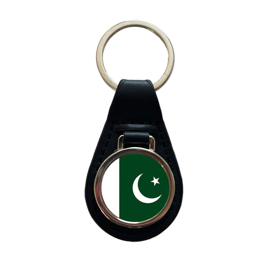 Pakistan Country Flag Black Leather Metal Keychain