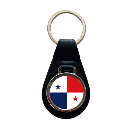 Panama Country Flag Black Leather Metal Keychain