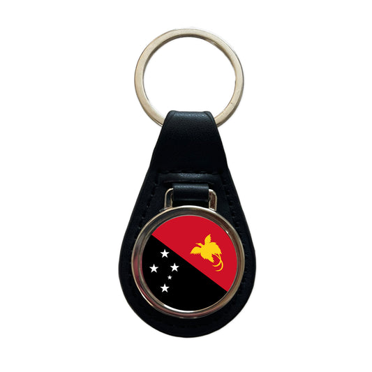 Papua New Guinea Country Flag Black Leather Metal Keychain