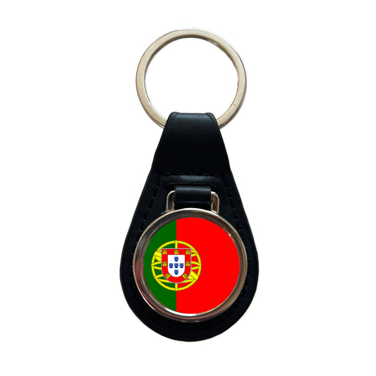 Portugal Country Flag Black Leather Metal Keychain