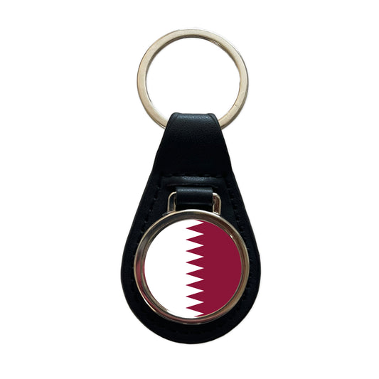 Qatar Country Flag Black Leather Metal Keychain