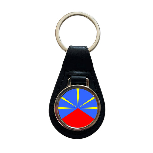 Réunion Country Flag Black Leather Metal Keychain