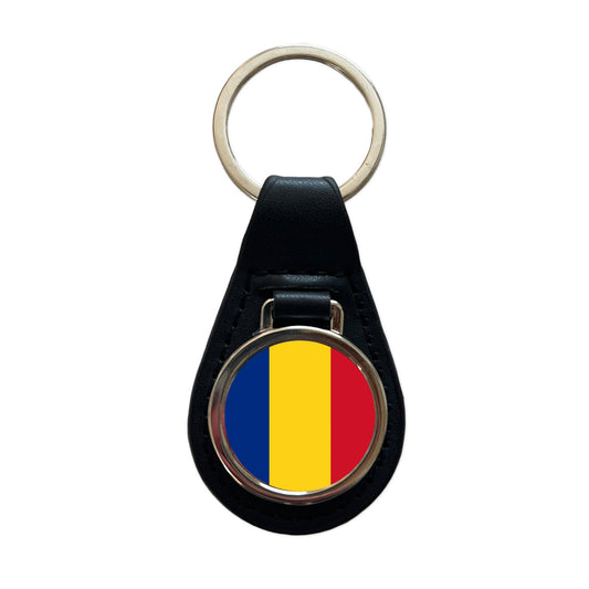 Romania Country Flag Black Leather Metal Keychain