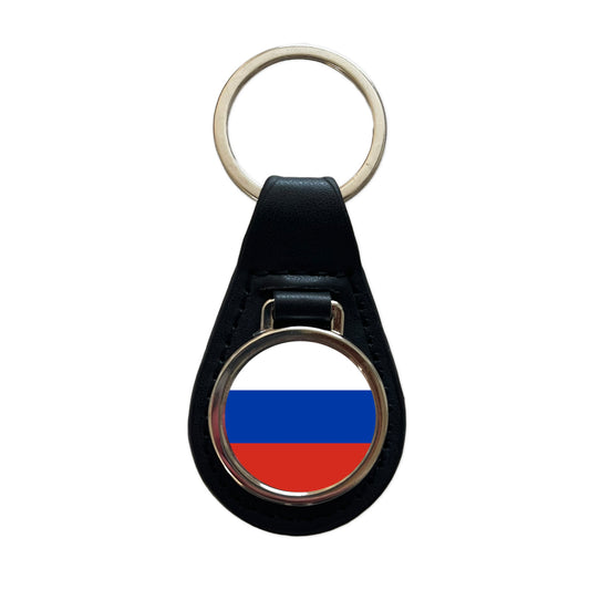 Russian Federation Country Flag Black Leather Metal Keychain