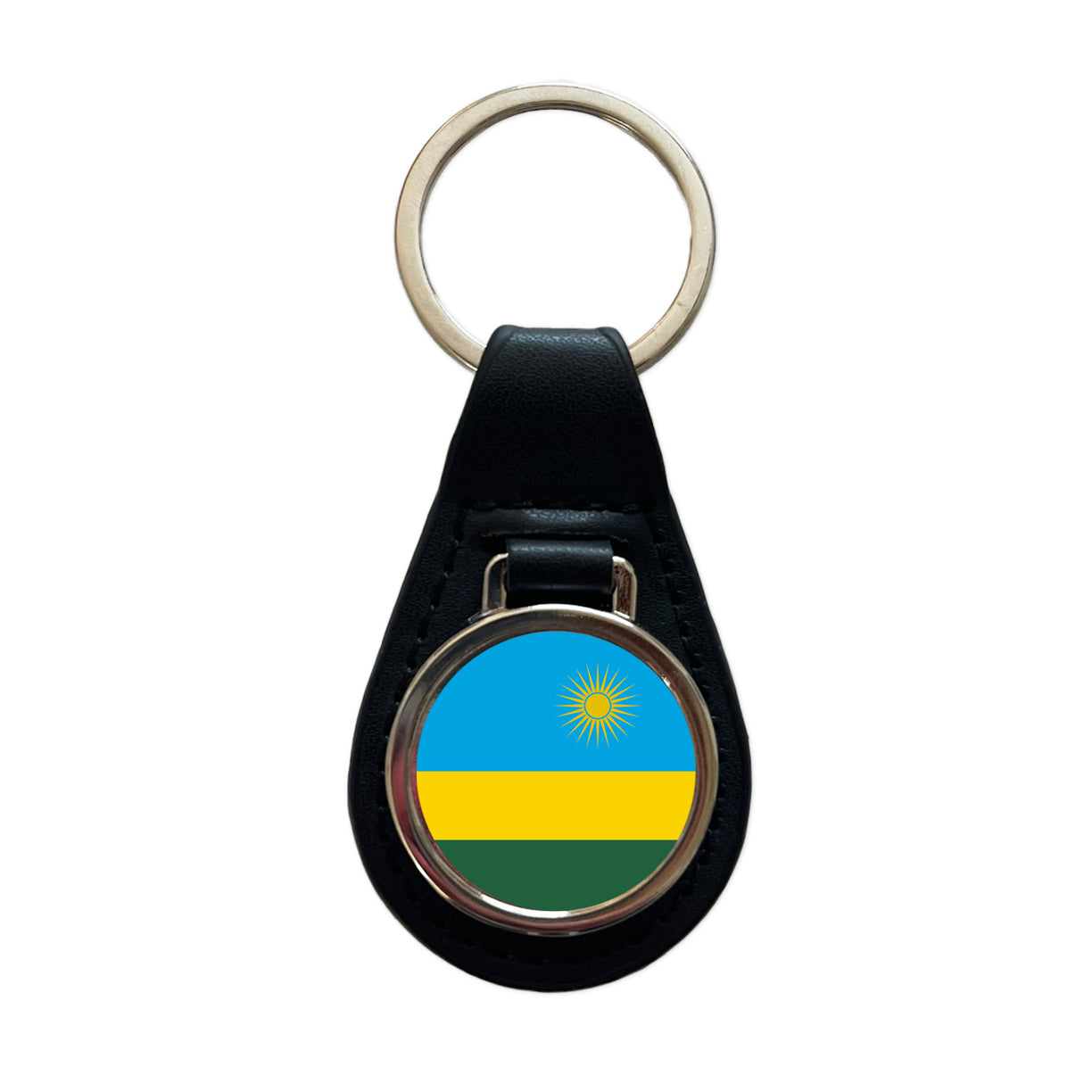 Rwanda Country Flag Black Leather Metal Keychain
