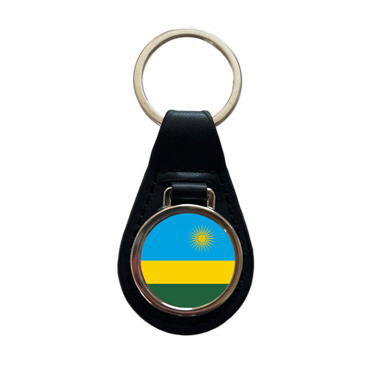 Rwanda Country Flag Black Leather Metal Keychain