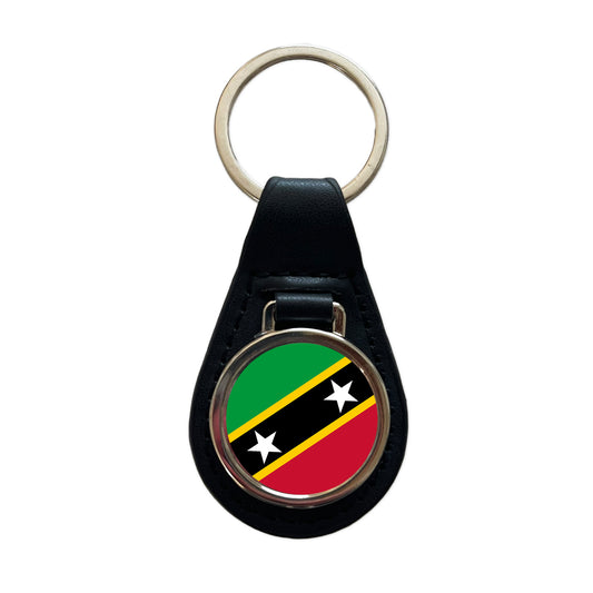 Saint Kitts and Nevis Country Flag Black Leather Metal Keychain