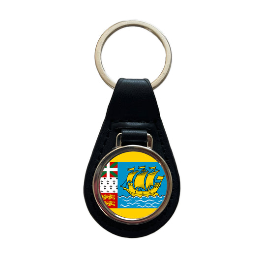 Saint Pierre and Miquelon Country Flag Black Leather Metal Keychain