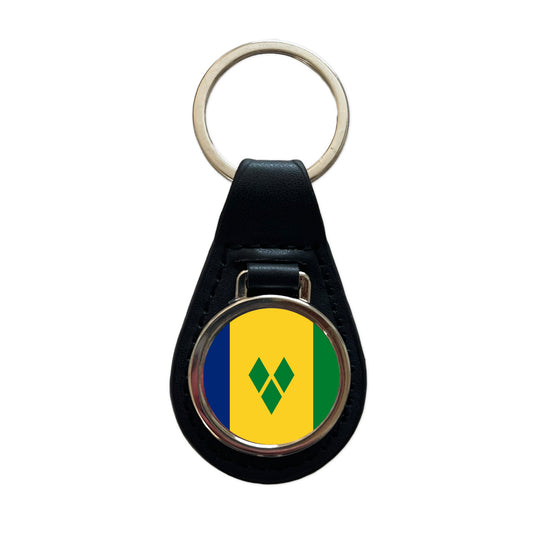 Saint Vincent and the Grenadines Country Flag Black Leather Metal Keychain