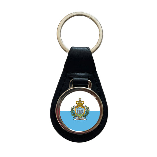 San Marino Country Flag Black Leather Metal Keychain
