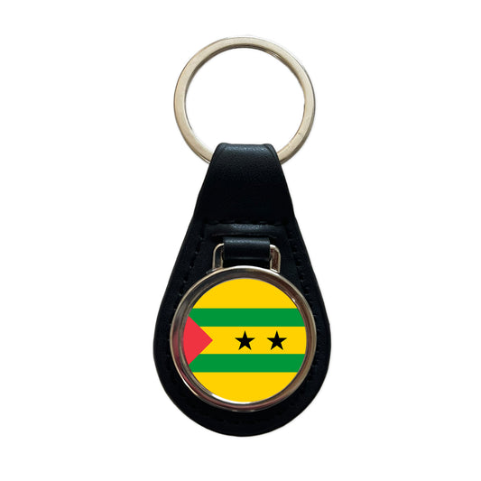 Sao Tome and Principe Country Flag Black Leather Metal Keychain