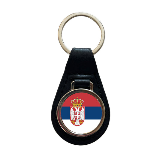 Serbia Country Flag Black Leather Metal Keychain