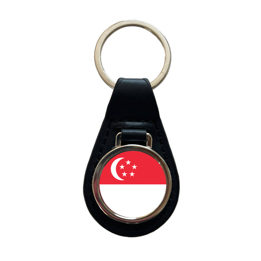 Singapore Country Flag Black Leather Metal Keychain