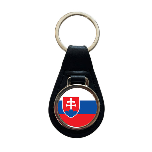 Slovakia Country Flag Black Leather Metal Keychain