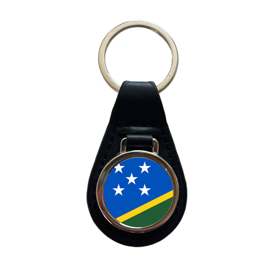 Solomon Islands Country Flag Black Leather Metal Keychain
