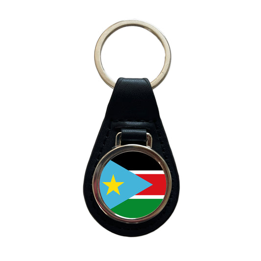 South Sudan Country Flag Black Leather Metal Keychain