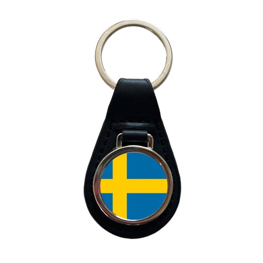 Sweden Country Flag Black Leather Metal Keychain