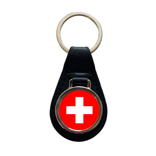 Switzerland Country Flag Black Leather Metal Keychain