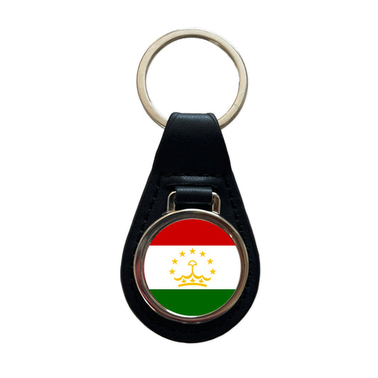 Tajikistan Country Flag Black Leather Metal Keychain