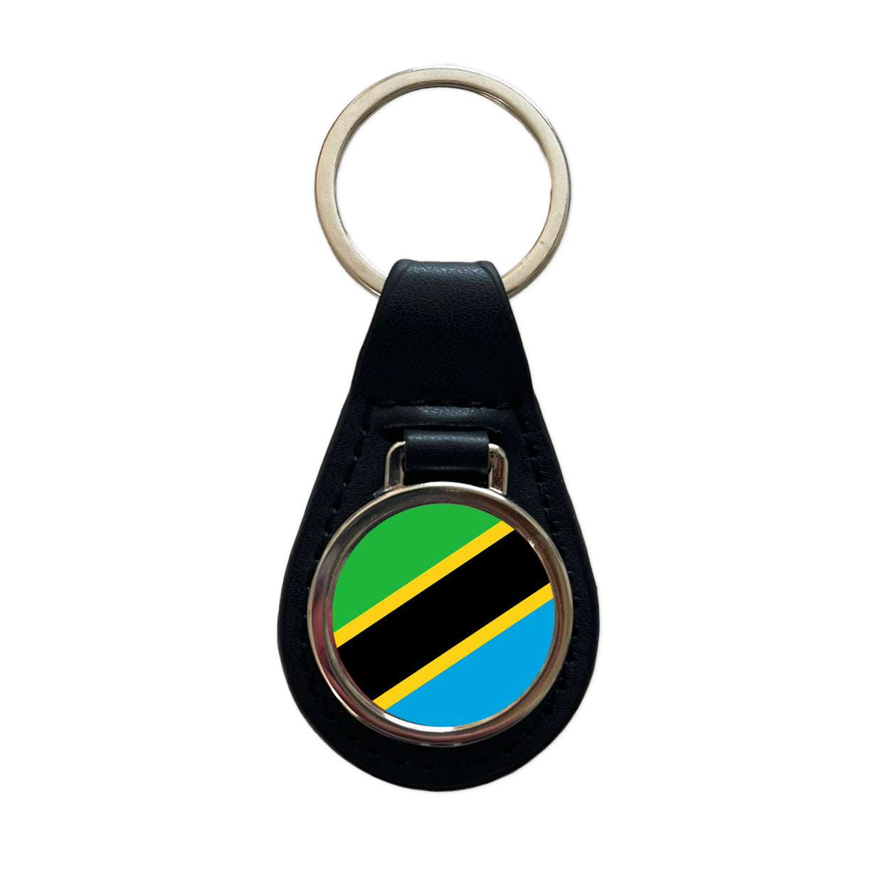 Tanzania, United Republic of Country Flag Black Leather Metal Keychain