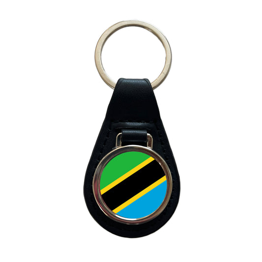 Tanzania, United Republic of Country Flag Black Leather Metal Keychain